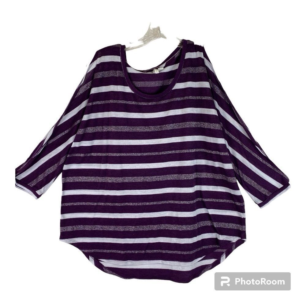 Cato Top Women's XL Purple White Glitter Stripe Dolman Split Sleeve Hi Low Hem